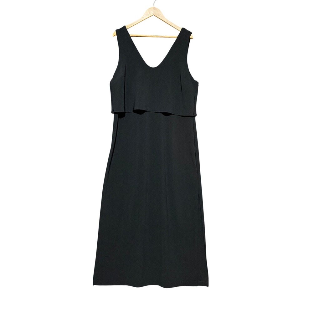 Boston Proper Black Popover Maxi Dress Women's XL‎ Sleeveless V-Neck Side Slit